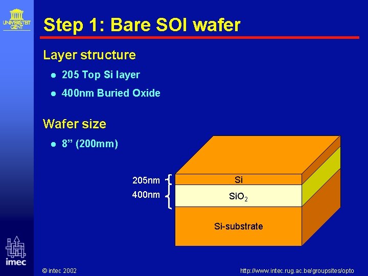 Step 1: Bare SOI wafer Layer structure l 205 Top Si layer l 400