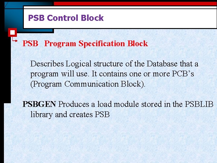 PSB Control Block PSB Program Specification Block Describes Logical structure of the Database that