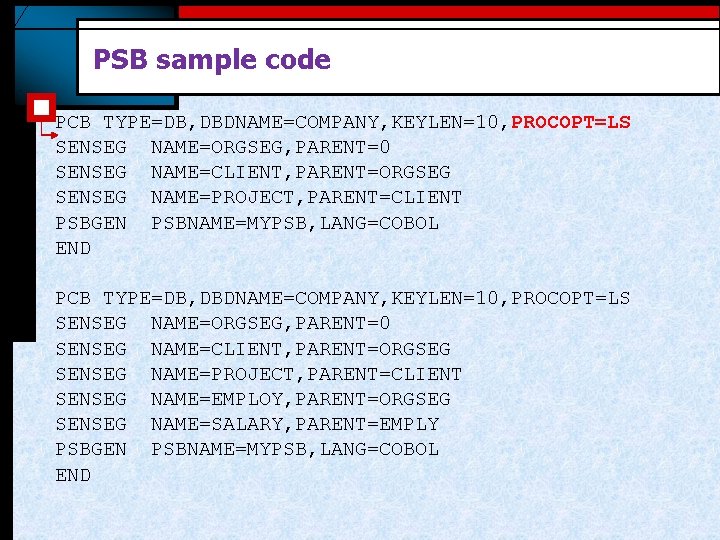 PSB sample code PCB TYPE=DB, DBDNAME=COMPANY, KEYLEN=10, PROCOPT=LS SENSEG NAME=ORGSEG, PARENT=0 SENSEG NAME=CLIENT, PARENT=ORGSEG