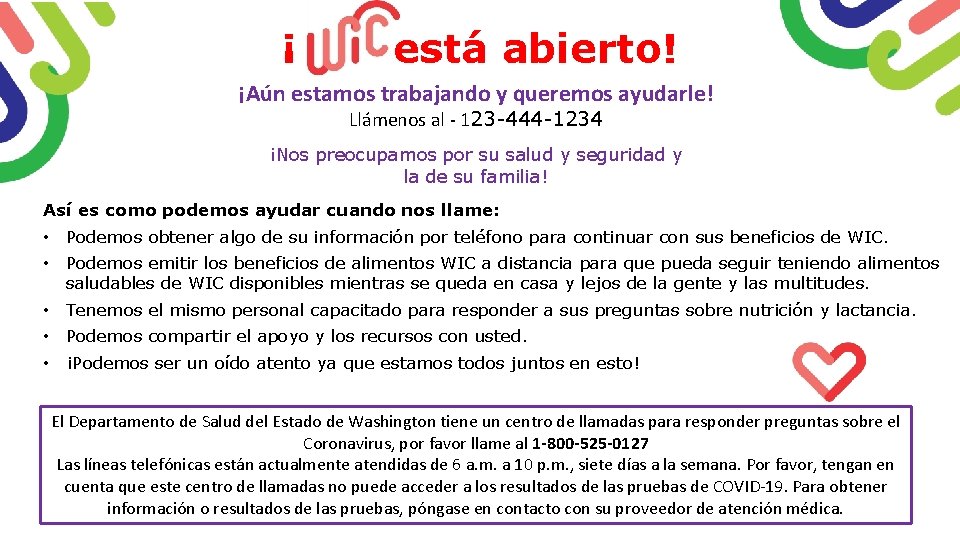 ¡ está abierto! ¡Aún estamos trabajando y queremos ayudarle! Llámenos al - 123 -444