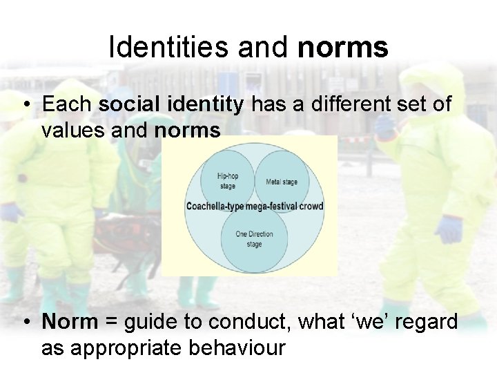 Identities and norms • Each social identity has a different set of values and