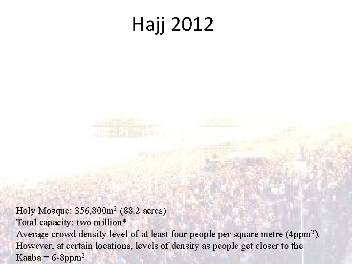 Hajj 2012 Holy Mosque: 356, 800 m 2 (88. 2 acres) Total capacity: two