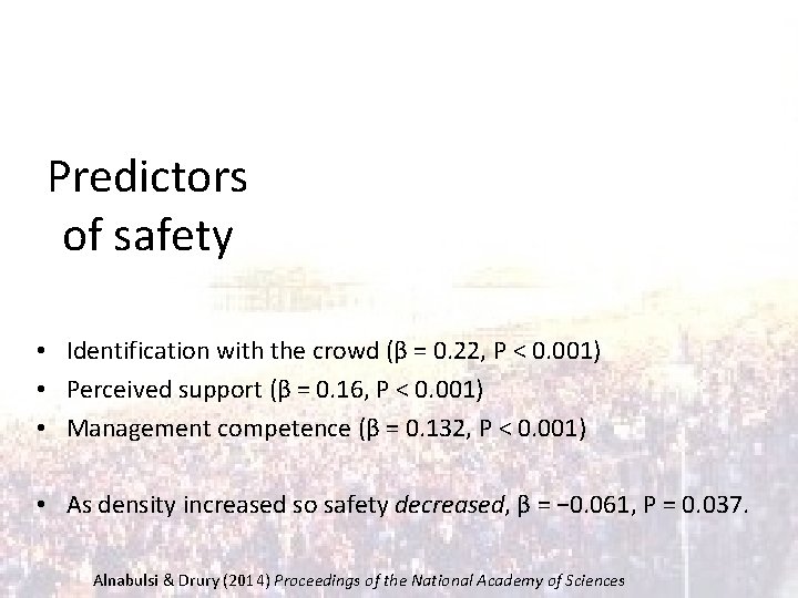 Predictors of safety • Identification with the crowd (β = 0. 22, P <