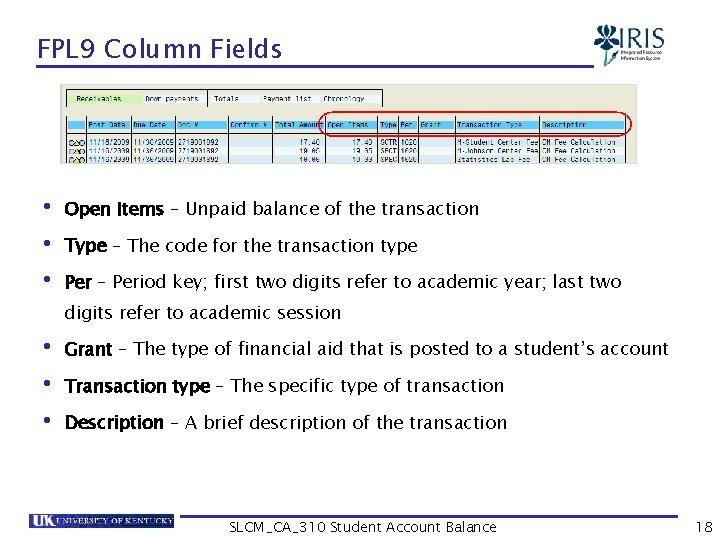 FPL 9 Column Fields • Open Items – Unpaid balance of the transaction •