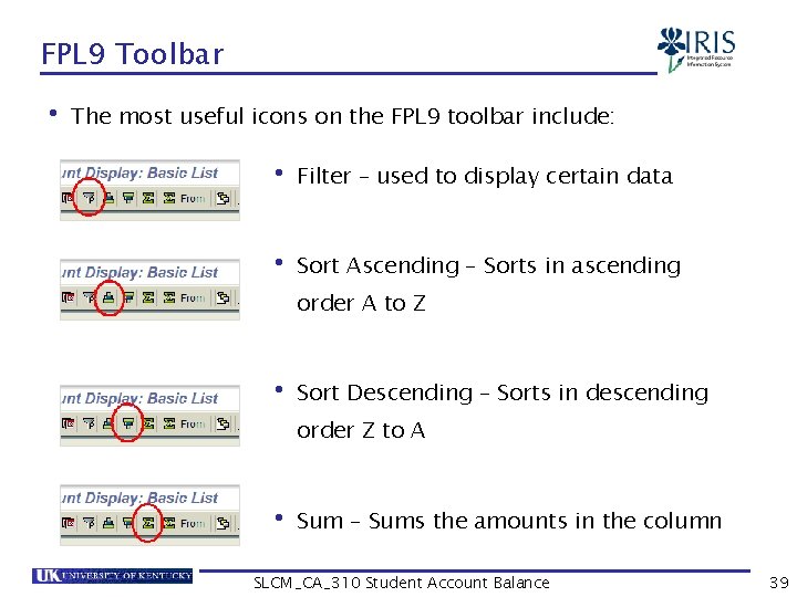 FPL 9 Toolbar • The most useful icons on the FPL 9 toolbar include: