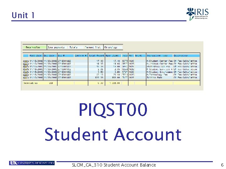 Unit 1 PIQST 00 Student Account SLCM_CA_310 Student Account Balance 6 