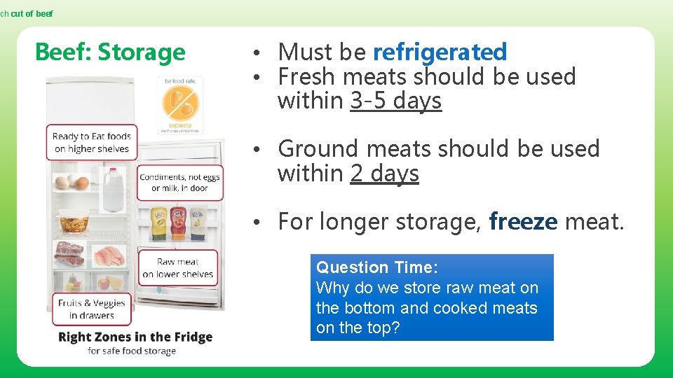 ch cut of beef Beef: Storage • Must be refrigerated • Fresh meats should