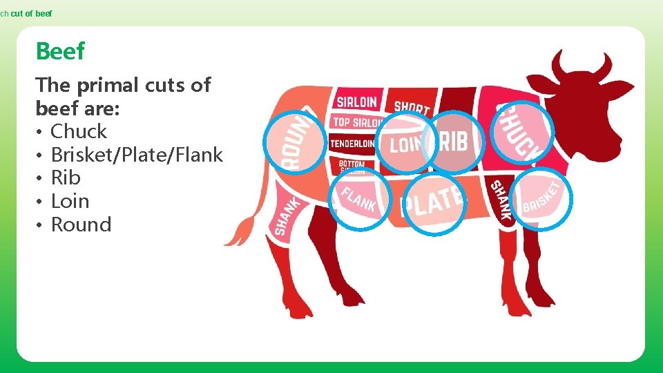 ch cut of beef Beef The primal cuts of beef are: • Chuck •