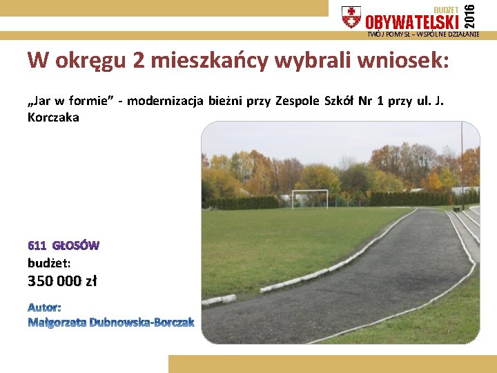 OBYWATELSKI 2016 BUDŻET TWÓJ POMYSŁ – WSPÓLNE DZIAŁANIE W okręgu 2 mieszkańcy wybrali wniosek: