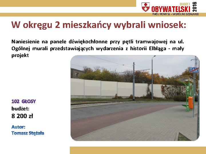 OBYWATELSKI 2016 BUDŻET TWÓJ POMYSŁ – WSPÓLNE DZIAŁANIE W okręgu 2 mieszkańcy wybrali wniosek: