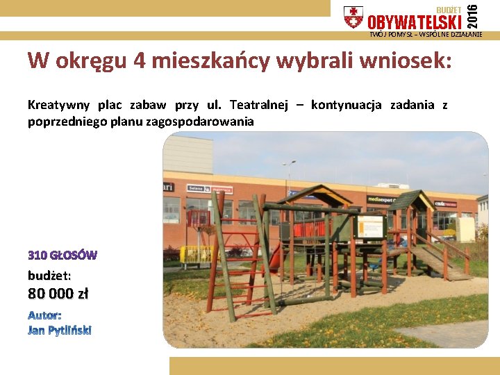 OBYWATELSKI 2016 BUDŻET TWÓJ POMYSŁ – WSPÓLNE DZIAŁANIE W okręgu 4 mieszkańcy wybrali wniosek: