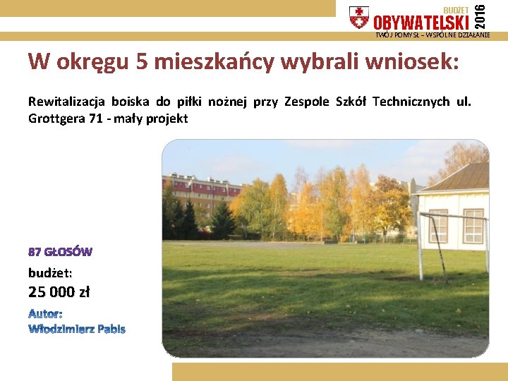 OBYWATELSKI 2016 BUDŻET TWÓJ POMYSŁ – WSPÓLNE DZIAŁANIE W okręgu 5 mieszkańcy wybrali wniosek: