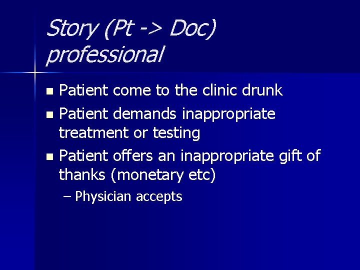 Story (Pt -> Doc) professional Patient come to the clinic drunk n Patient demands