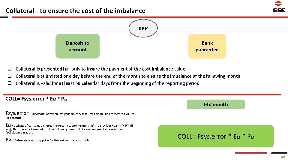 Collateral - to ensure the cost of the imbalance BRP Deposit to account Bank