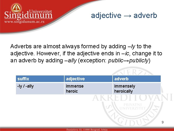 adjective → adverb Adverbs are almost always formed by adding –ly to the adjective.