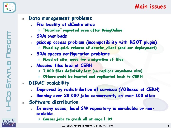 Main issues m Data management problems LHCb Status Report o File locality at d.