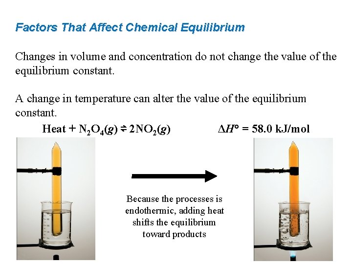Factors That Affect Chemical Equilibrium Changes in volume and concentration do not change the