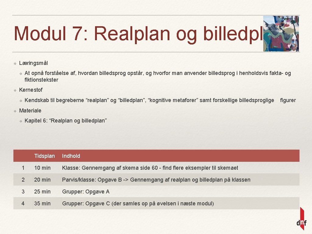 Modul 7: Realplan og billedplan ❖ Læringsmål ❖ ❖ Kernestof ❖ ❖ At opnå