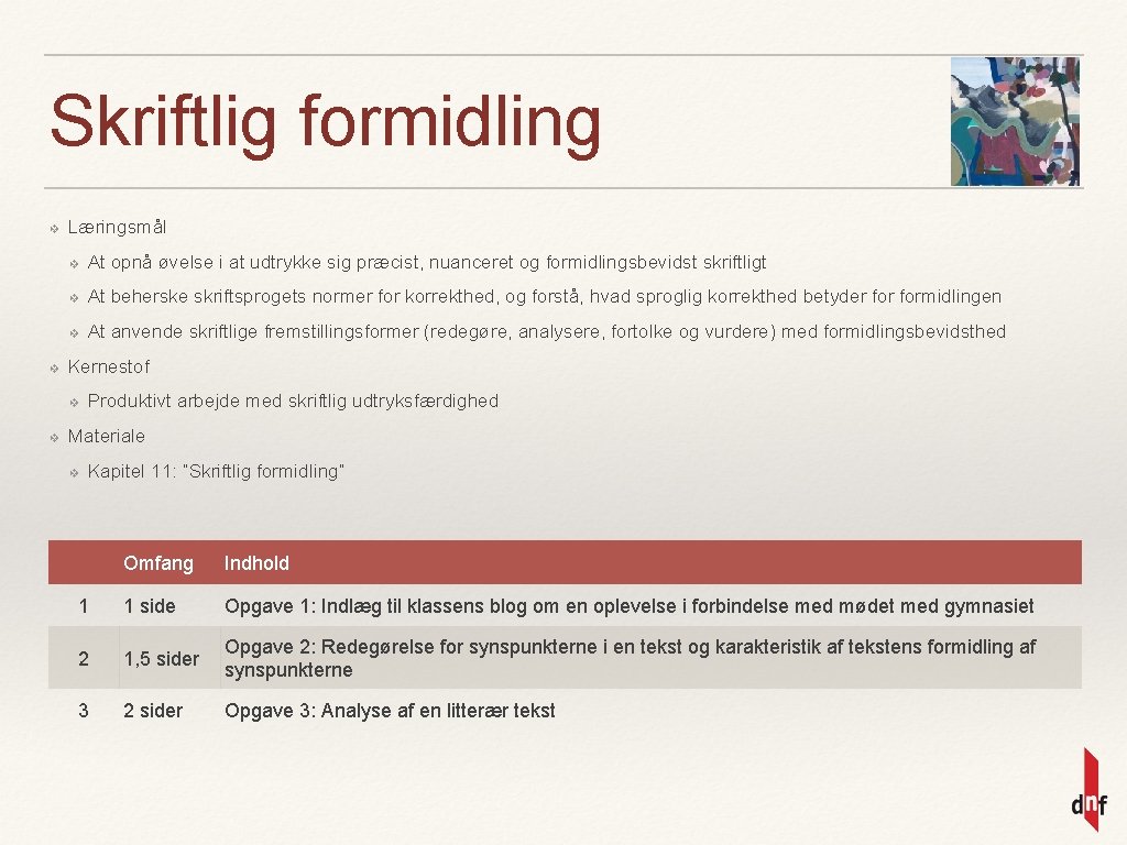 Skriftlig formidling ❖ ❖ Læringsmål ❖ At opnå øvelse i at udtrykke sig præcist,