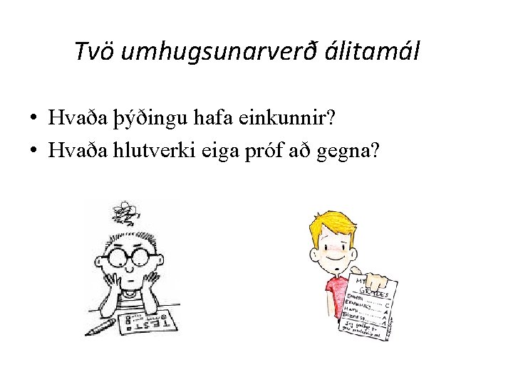 Tvö umhugsunarverð álitamál • Hvaða þýðingu hafa einkunnir? • Hvaða hlutverki eiga próf að