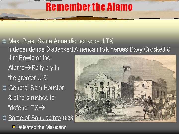 Remember the Alamo Ü Mex. Pres. Santa Anna did not accept TX independence attacked