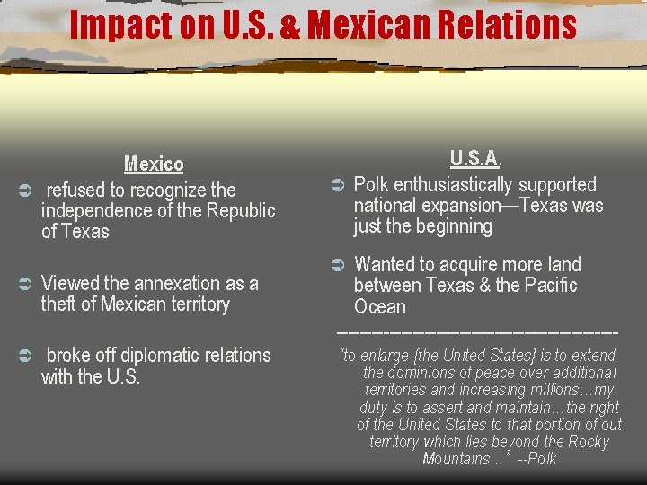 Impact on U. S. & Mexican Relations Mexico Ü refused to recognize the independence