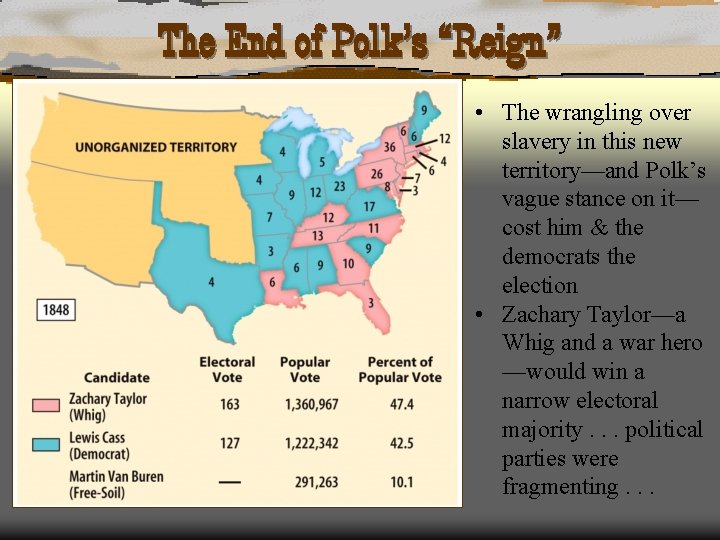 The End of Polk’s “Reign” • The wrangling over slavery in this new territory—and