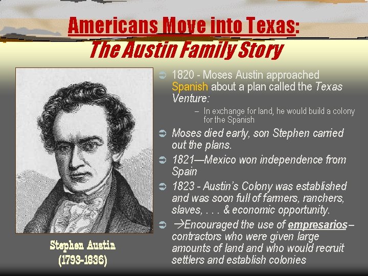 Americans Move into Texas: The Austin Family Story Ü 1820 - Moses Austin approached