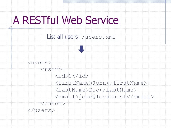 A RESTful Web Service List all users: /users. xml <users> <user> <id>1</id> <first. Name>John</first.