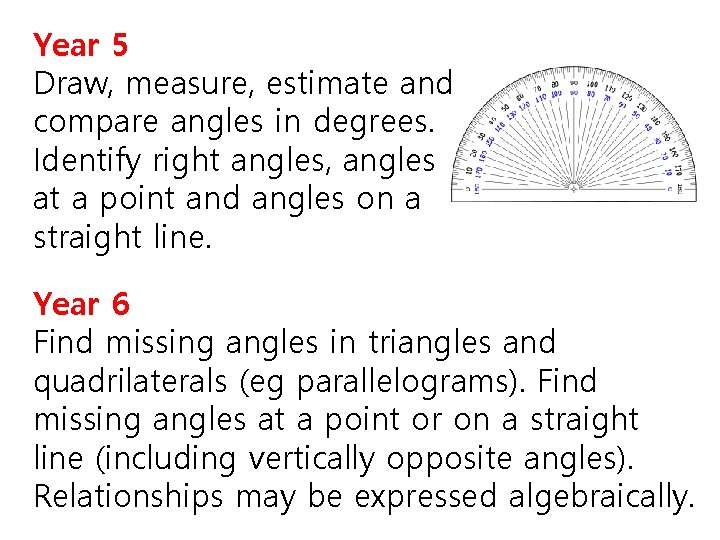 Year 5 Draw, measure, estimate and compare angles in degrees. Identify right angles, angles