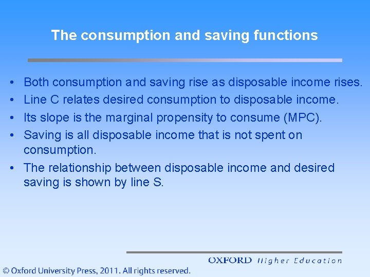 The consumption and saving functions • • Both consumption and saving rise as disposable