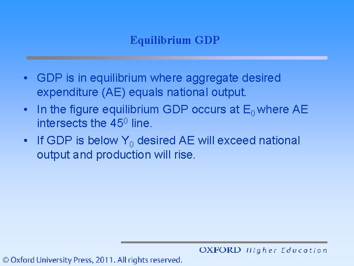 Equilibrium GDP • GDP is in equilibrium where aggregate desired expenditure (AE) equals national