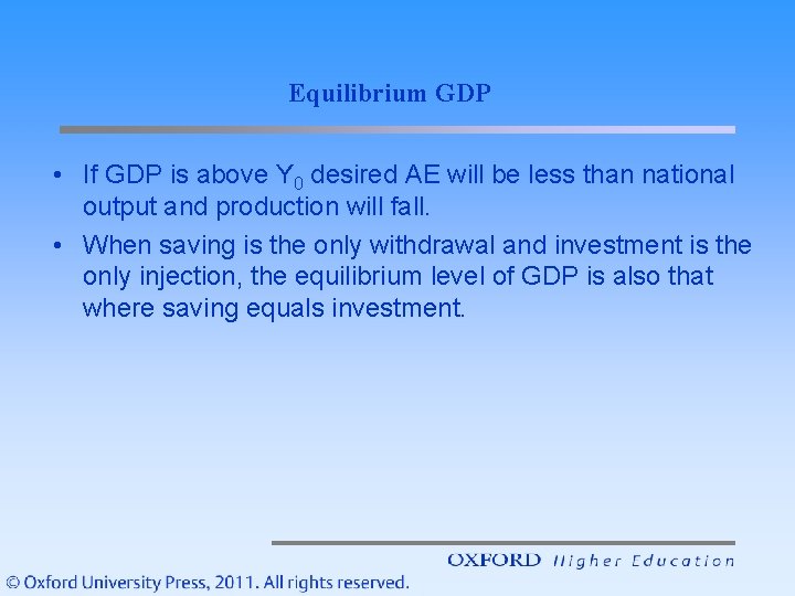 Equilibrium GDP • If GDP is above Y 0 desired AE will be less
