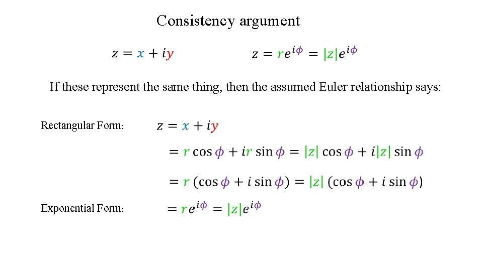 Consistency argument If these represent the same thing, then the assumed Euler relationship says: Consistency argument If these represent the same thing, then the assumed Euler relationship says:
