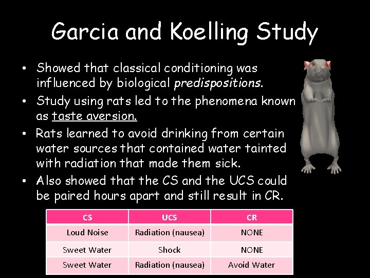 Garcia and Koelling Study • Showed that classical conditioning was influenced by biological predispositions.