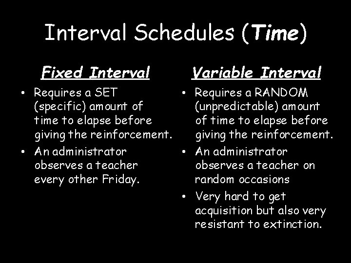 Interval Schedules (Time) Fixed Interval Variable Interval • Requires a SET • Requires a