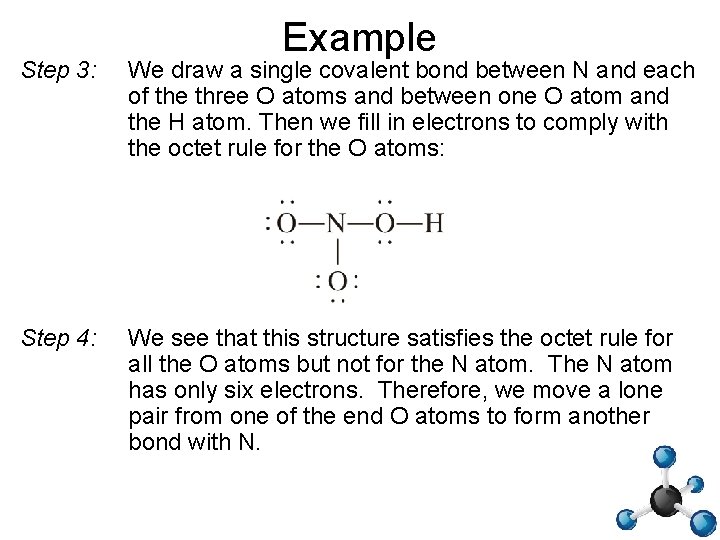 Example Step 3: We draw a single covalent bond between N and each of
