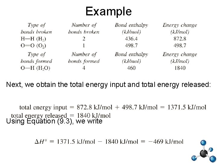 Example Next, we obtain the total energy input and total energy released: Using Equation