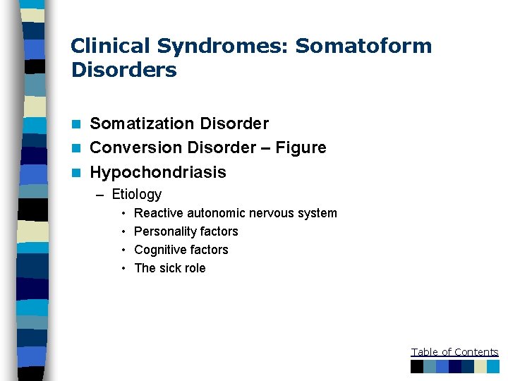 Clinical Syndromes: Somatoform Disorders Somatization Disorder n Conversion Disorder – Figure n Hypochondriasis n