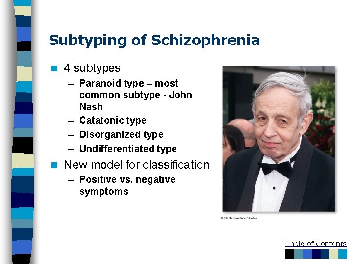 Subtyping of Schizophrenia n 4 subtypes – Paranoid type – most common subtype -