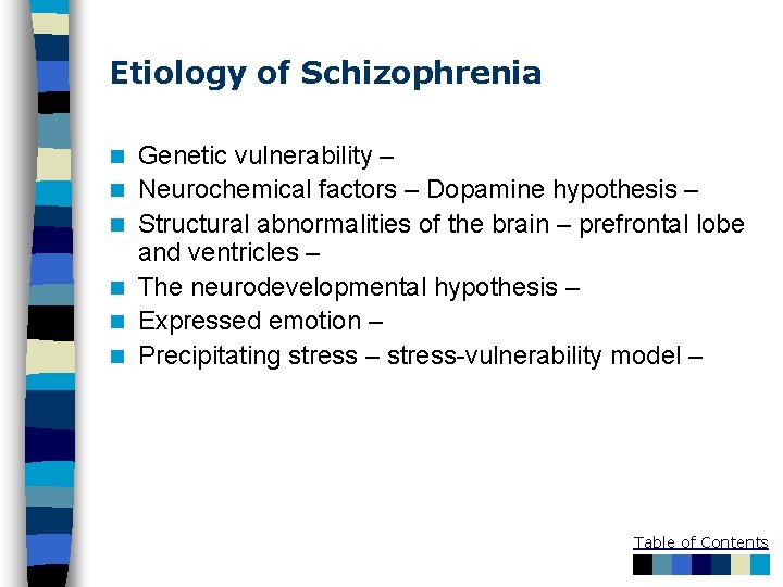 Etiology of Schizophrenia n n n Genetic vulnerability – Neurochemical factors – Dopamine hypothesis