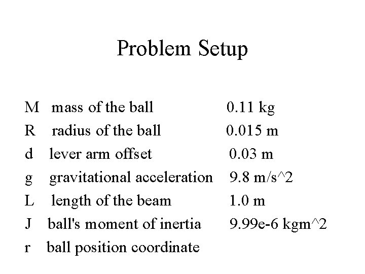 Problem Setup M R d g L J r mass of the ball radius