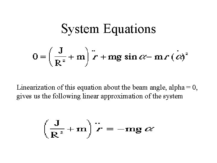 System Equations Linearization of this equation about the beam angle, alpha = 0, gives