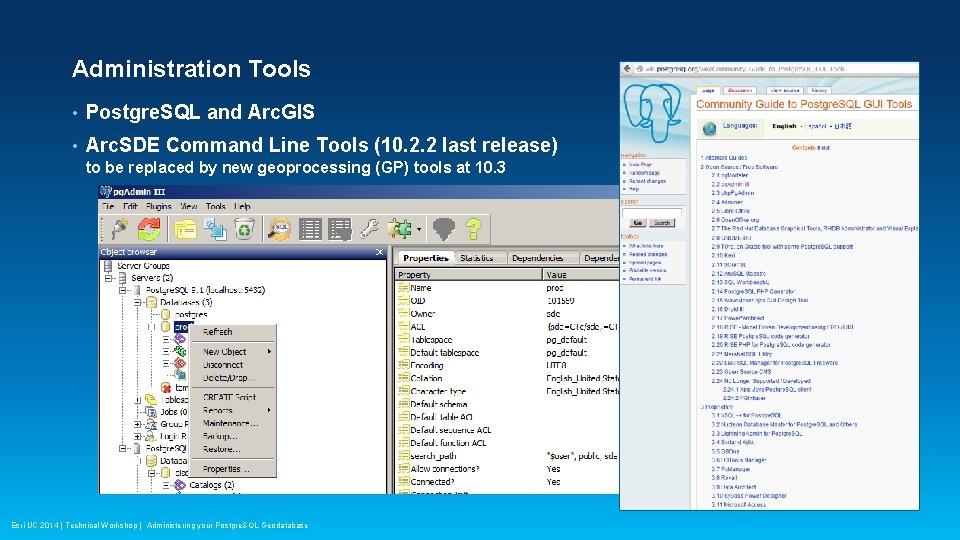 Administration Tools • Postgre. SQL and Arc. GIS • Arc. SDE Command Line Tools Administration Tools • Postgre. SQL and Arc. GIS • Arc. SDE Command Line Tools