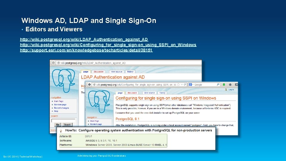 Windows AD, LDAP and Single Sign-On • Editors and Viewers http: //wiki. postgresql. org/wiki/LDAP_Authentication_against_AD Windows AD, LDAP and Single Sign-On • Editors and Viewers http: //wiki. postgresql. org/wiki/LDAP_Authentication_against_AD