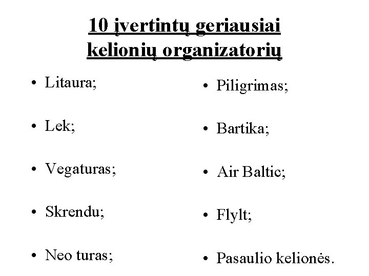 10 įvertintų geriausiai kelionių organizatorių • Litaura; • Piligrimas; • Lek; • Bartika; •