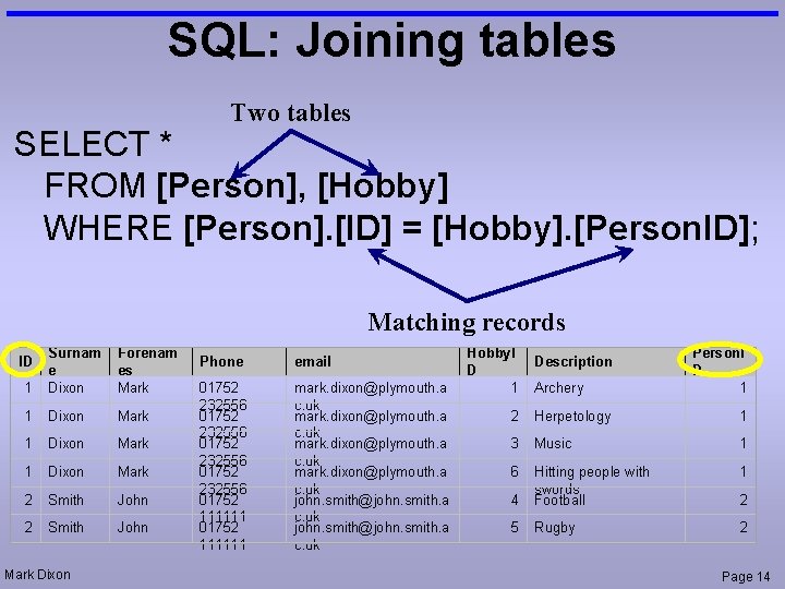 SQL: Joining tables Two tables SELECT * FROM [Person], [Hobby] WHERE [Person]. [ID] =