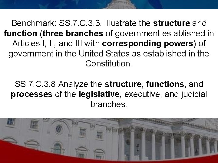 Benchmark: SS. 7. C. 3. 3. Illustrate the structure and function (three branches of