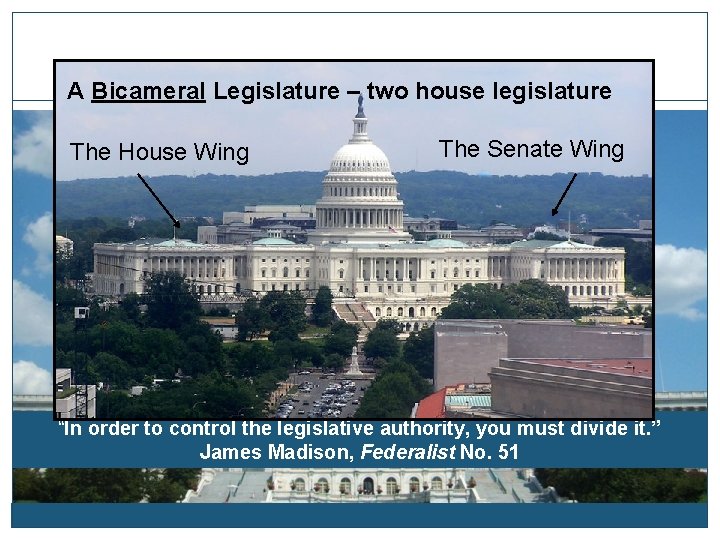 A Bicameral Legislature – two house legislature The House Wing The Senate Wing “In