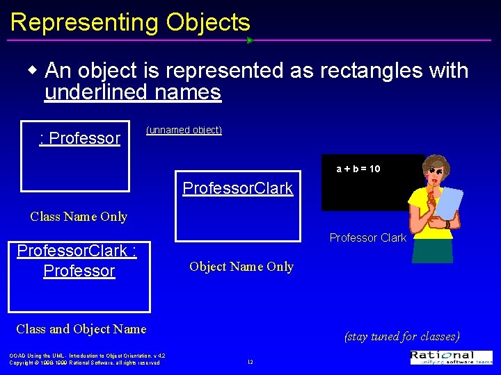 Representing Objects w An object is represented as rectangles with underlined names : Professor